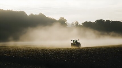 Fototapeta premium Tractor Navigating Misty Morning Field in Serene Farming Landscape