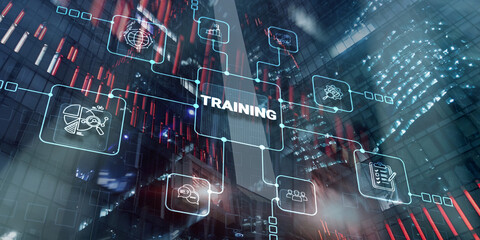 Business Training banner on city background. Training for learn skill productivity concept.
