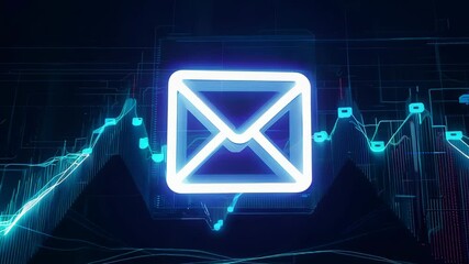 Neon envelope icon overlaid on futuristic digital stock market chart background, 4k video - Powered by Adobe