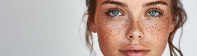 Fototapeta premium Close-up of a woman with freckles, blue eyes, and minimal makeup, showcasing natural beauty. Perfect for skincare and beauty themes.