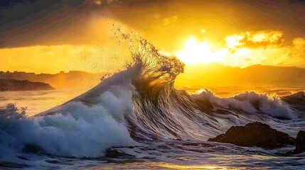 Giant Ocean Wave Crashing Against Rocks at Sunset with Golden Light Reflecting