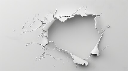 Thin white painted walls that are torn, damaged and have holes in them with a copy space in the middle.