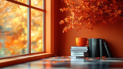 Windowsill with fall leaves, books and cup of coffee. Abstract background hello autumn, october or november holiday