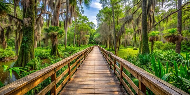 Boardwalk weaving through lush vegetation at Lake Lotus Nature Park in Altamonte Springs, Florida