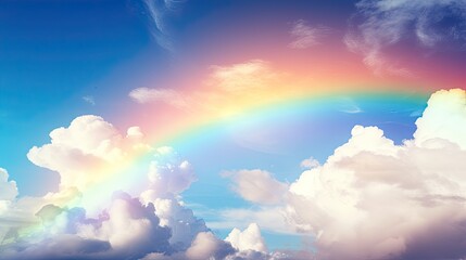 A bright rainbow stretched across the sky after the passing spring rain.,