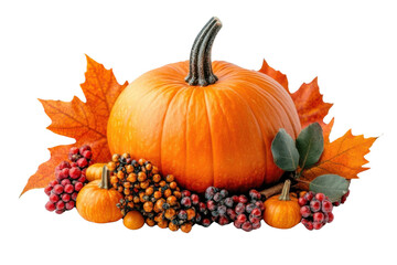 PNG A vibrant pumpkin surrounded by colorful autumn leaves and berries, perfect for fall-themed designs and seasonal celebrations.