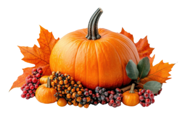 PNG A vibrant pumpkin surrounded by colorful autumn leaves and berries, perfect for fall-themed designs and seasonal celebrations.