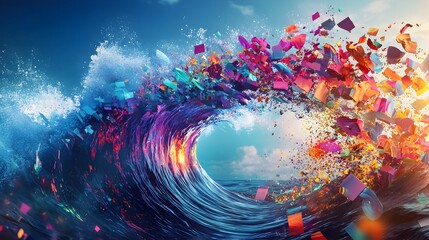 Colorful Abstract Wave Crashing Onto Digital Landscape,Symbolizing Tech Innovation