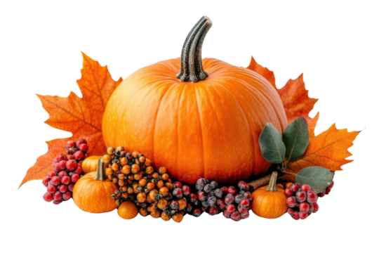 PNG A vibrant pumpkin surrounded by colorful autumn leaves and berries, perfect for fall-themed designs and seasonal celebrations.