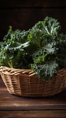 Naklejka premium Fresh organic curly kale leaves in a rustic basket on a brown wooden table with a dark wooden background