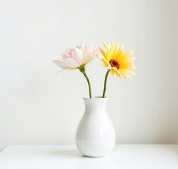 bright Beautiful single flower in a white vase on a white table against a white wall