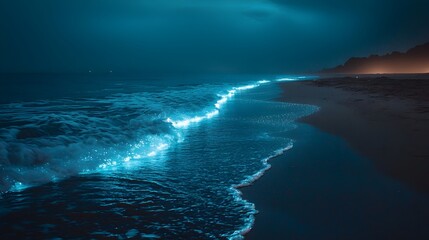 Glowing Bioluminescent Waves Rolling onto a Serene Night Beach