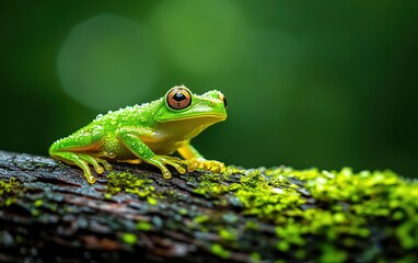 Obraz premium A vibrant green frog perched on a moss-covered log, showcasing its unique features in a lush, blurred background of nature.
