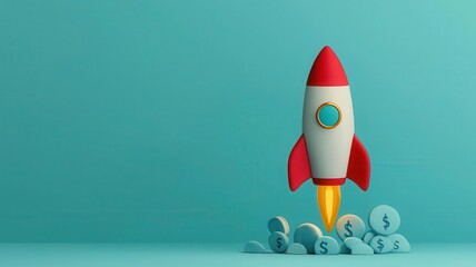 Rocketship breaking through barriers of financial icons, investment success, 3D illustration