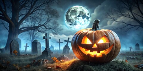 Naklejka premium Spooky jack-o-lantern with a creepy smile in a moonlit cemetery graveyard