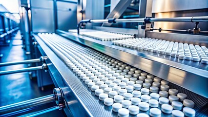 Fototapeta premium Closeup of pharmaceutical tablets being produced in a pharmacy setting