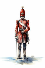 Obraz premium The Redcoat: A Watercolor Portrait of a Historic Soldier: A majestic watercolor painting of a redcoat soldier, capturing the detail of his uniform and posture, evoking a sense of history, duty, and 