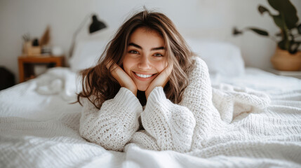Naklejka premium Smiling woman lying in a white blanket on a white bed