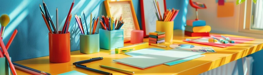 Fototapeta premium Colorful art studio with bright supplies like pencils, paper, and rulers on a sunny desk, perfect for creativity and inspiration.