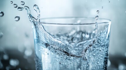 Detailed view of a glass of water with a splash of water and droplets