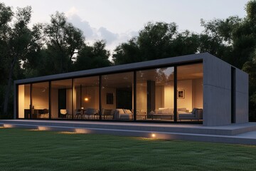Obraz premium Modern concrete house with large windows overlooking a grassy lawn at dusk.