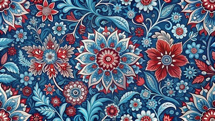 Intricate floral patterns in shades of blue and crimson