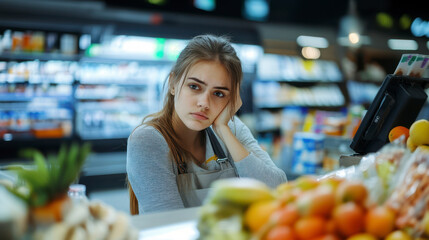 tired cashier in supermarket