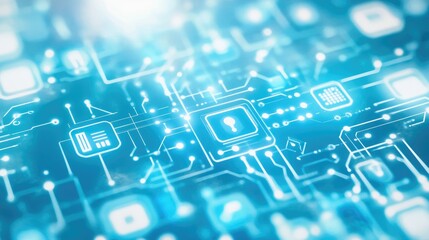 Computer data processing icon on a vibrant white-light blue background, dynamic and energetic, representing digital efficiency