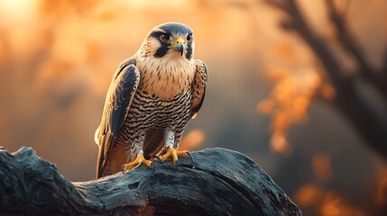 A Stunning Close-Up Photo of a Falcon Perched on a Weathered Branch ai image