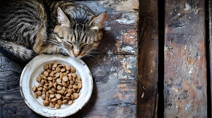 Sleepy Tabby Cat Curled Up Next to Plate of Wet Food on Rustic Wooden Floor