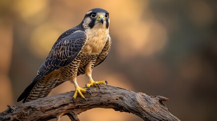 A Stunning Close-Up Photo of a Falcon Perched on a Weathered Branch ai image