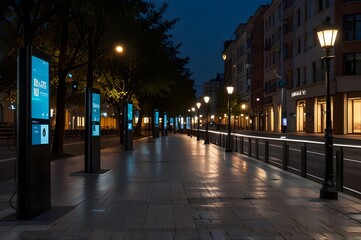 Modern Urban Street with Smart Technology IoT Streetlights and Interactive Features