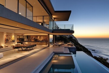 Modern house with an infinity pool overlooking the ocean at sunset.