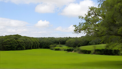 A green field with trees and bushes in the background