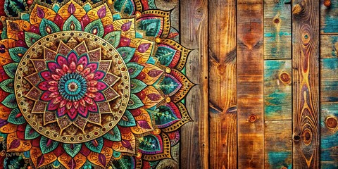 Abstract colorful mandala design on rustic wooden background with vibrant colors and intricate patterns