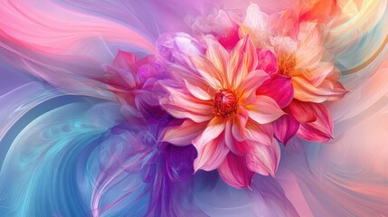 Meaningful flowers in an abstract design, set against a dynamic futuristic background, vibrant and full of life