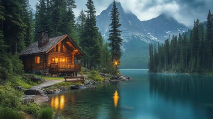 Fototapeta premium idyllic log cabin retreat rustic wooden structure nestled among towering pines overlooking serene mountain lake golden hour lighting enhancing natural beauty and tranquility