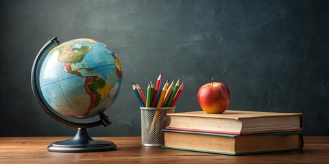 Back to school podium featuring books, apple pencil, and globe