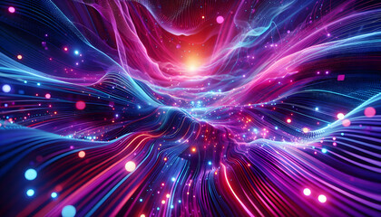 Neon lights glow in shades of pink, purple and blue, creating a sense of depth and movement.