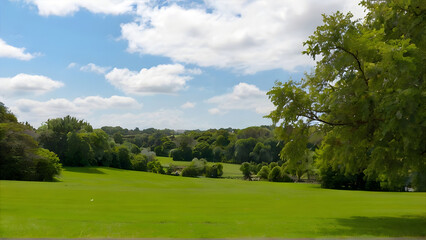 Fototapeta premium A green field with trees and bushes in the background