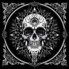 Skull and Mandala chain and candles black and white illustration