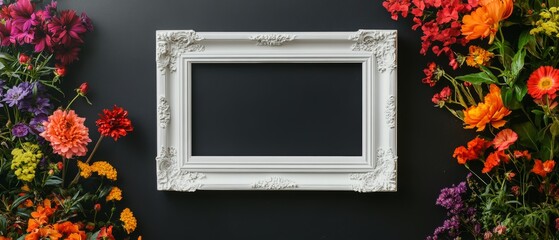 white blank frame on the black wall with colorful flowers decoration
