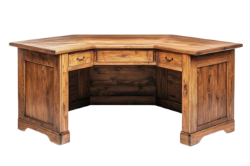 PNG Elegant wooden desk with a rich finish and ample storage, perfect for home offices or creative workspaces.
