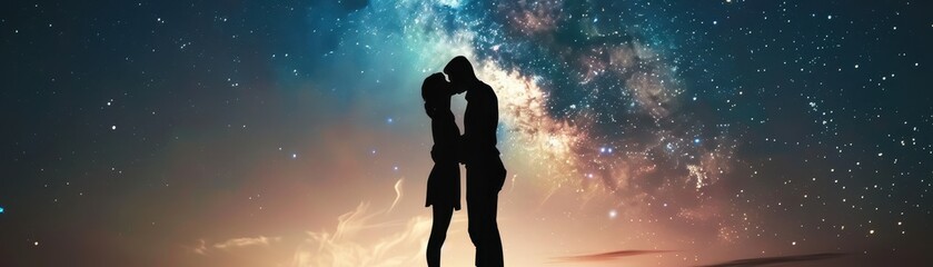 Couple embracing under starry night sky with galaxy backdrop, romantic moment, love and connection in scenic setting.