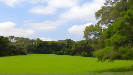 Fototapeta premium A green field with trees and bushes in the background