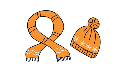 Knitted hat, knitted scarf. Christmas ornament. Warm cozy clothes, winter icons, doodle drawings. Christmas, holiday. Illustrations on isolated background.