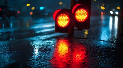 Dramatic Red Traffic Light Reflecting on Wet Pavement After Rainstorm at Night