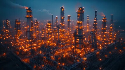 Fototapeta premium industrial landscape of oil refinery at dusk intricate network of pipes and towers illuminated against moody sky showcasing complex engineering and energy production