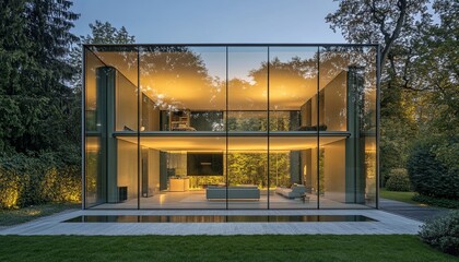 Fototapeta premium Modern glass house with a reflection pool in front of it surrounded by trees and grass.