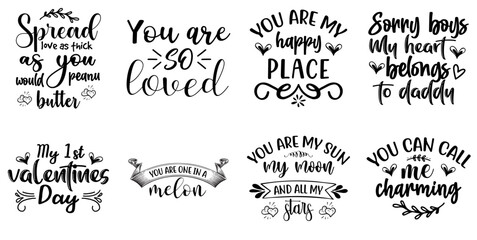 Elegant Valentines Day Phrases, Quotes Pack Vector Illustration for Wrapping Paper, Packaging, Greeting Card